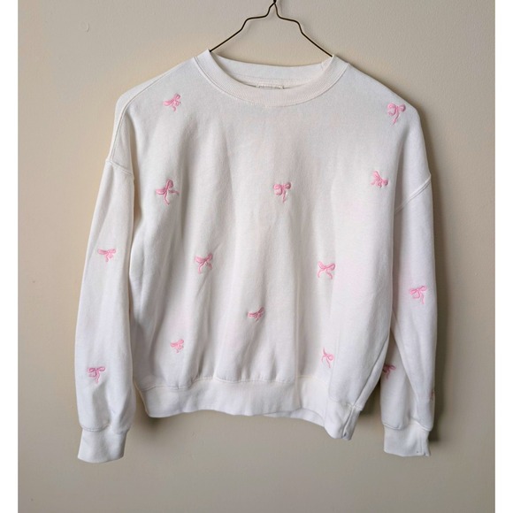 Reflex Tops - Reflex Women's S White Fleece Pullover Crewneck Sweatshirt Pink Bow Embroidered
